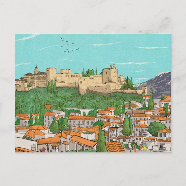 Postal Ilustracion paisajístico Granada Cityview España (Anverso)