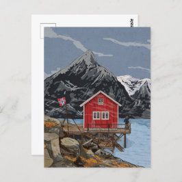Postal Ilustracion paisajístico Rorbu Lofoten Bergen
