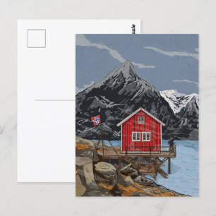 Postal Ilustracion paisajístico Rorbu Lofoten Bergen