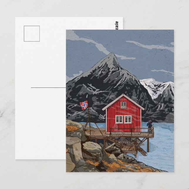 Postal Ilustracion paisajístico Rorbu Lofoten Bergen (Anverso / Reverso)