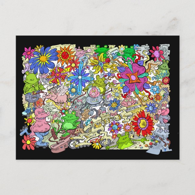 Postal Ilustracion personalizado, de cerdos, flores y ran (Anverso)