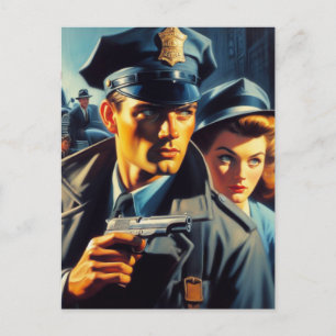 Postal Ilustración policial pulp vintage