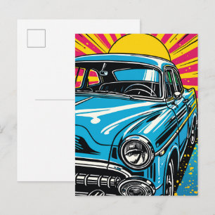 Postal Ilustración Pop Art de Frente de Coche Clásico Ret