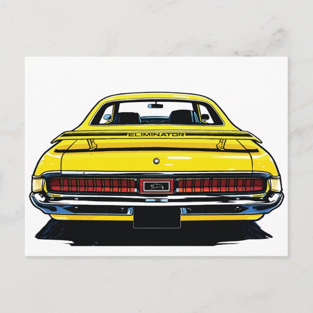 Postal Ilustración Pop Art trasera de Muscle Car Amarillo (Anverso)