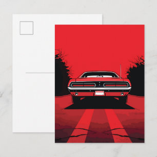 Postal Ilustración Pop Art trasera de Muscle Car Rojo Ret