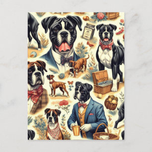 Postal Ilustracion retro boxer de perro