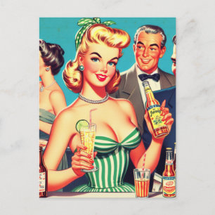 Postal Ilustracion Retro Cocktail Fiesta