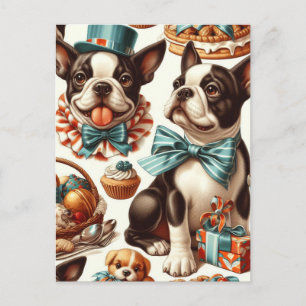 Postal Ilustracion Retro Cute Boston Terrier