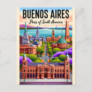 Postal Ilustración Retro de Buenos Aires Argentina Vintag