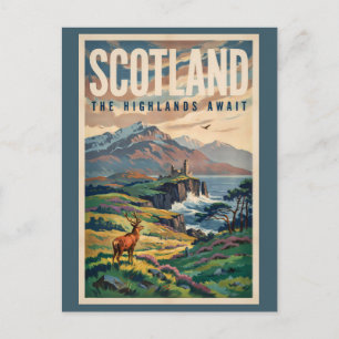 Postal Ilustración retro de ciervos de las Tierras Altas 