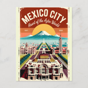 Postal Ilustración Retro de la Ciudad de México Viaje