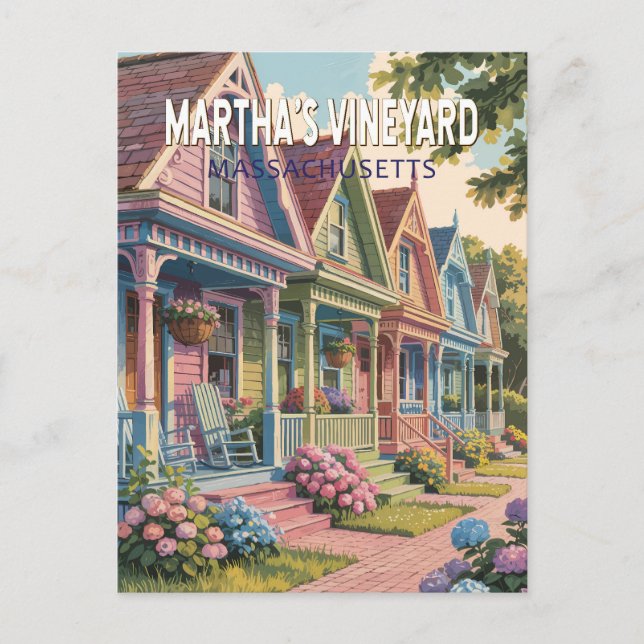 Postal Ilustración retro de Martha's Vineyard Massachuset (Anverso)