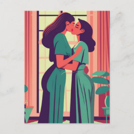 Postal Ilustracion retro de pareja lesbiana
