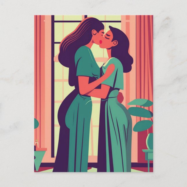 Postal Ilustracion retro de pareja lesbiana (Anverso)