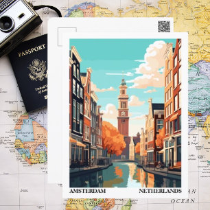 Postal Ilustración Retro de Viaje de Amsterdam