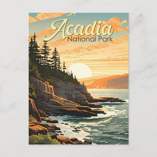 Postal Ilustración Retro del Parque Nacional Acadia (Anverso)