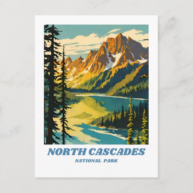 Postal Ilustracion retro del Parque Nacional de Cascades  (Anverso)