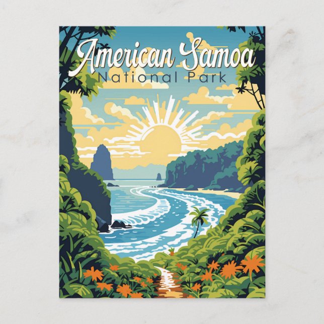 Postal Ilustracion Retro del Parque Nacional de Samoa Ame (Anverso)