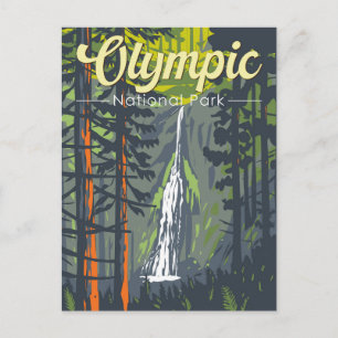 Postal Ilustracion Retro del Parque Nacional Olímpico