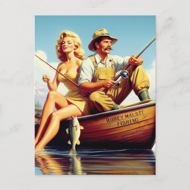 Postal Ilustracion retro FIshing (Anverso)