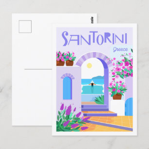 Postal Ilustracion Santorini Grecia Famoso Travel Place