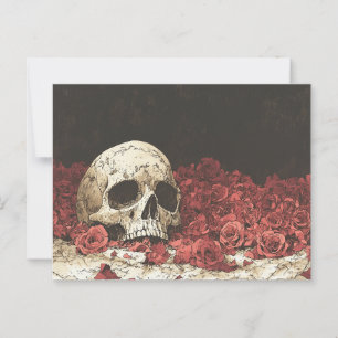 Postal Ilustracion Skull and Red Roses