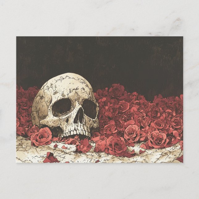 Postal Ilustracion Skull and Red Roses (Anverso)