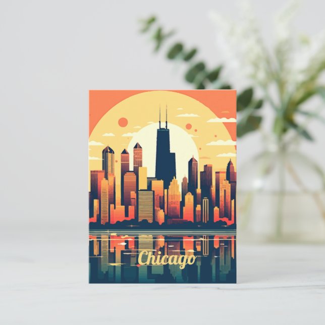 Postal Ilustracion Skyline de Chicago en Naranja (Anverso de pie)