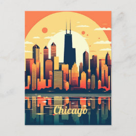Postal Ilustracion Skyline de Chicago en Naranja