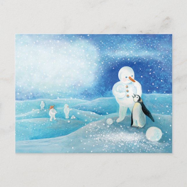 Postal Ilustracion Snowman y Penguin (Anverso)