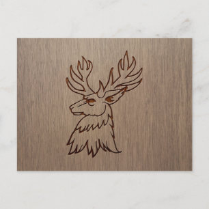 Postal Ilustracion Stag grabado en diseño de madera