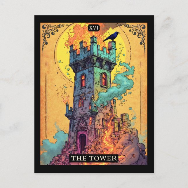 Postal Ilustracion Tarot Card, La Torre (Anverso)