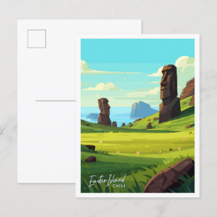 Postal Ilustracion Viajero de Isla de Pascua