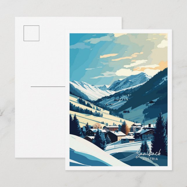 Postal Ilustracion Viajero de Saalbach Austria (Anverso / Reverso)