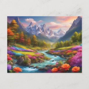 Postal Ilustración vibrante del paisaje fluvial de montañ
