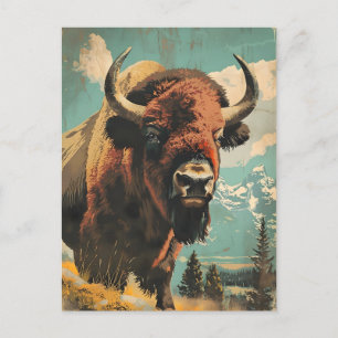 Postal Ilustracion Vintage Bison