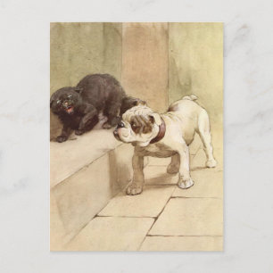 Postal Ilustracion Vintage Bulldog Puppy