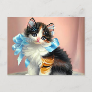 Postal Ilustracion Vintage Calico Kitten