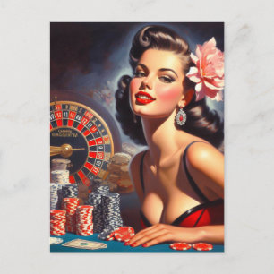 Postal Ilustracion Vintage Casino Pin-Up