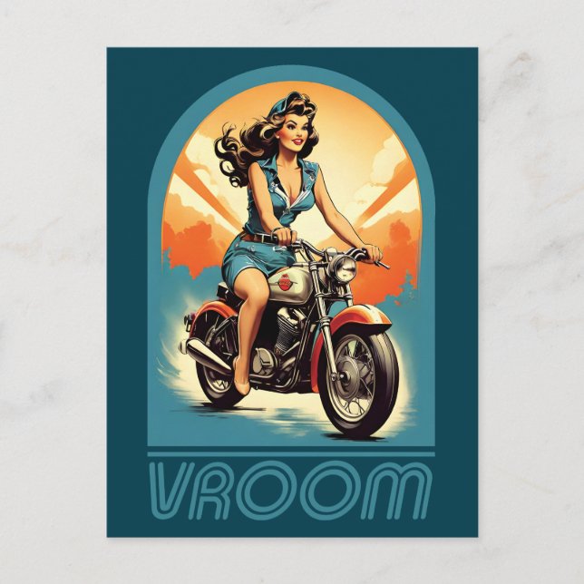 Postal Ilustracion vintage - Chica de motociclismo retro  (Anverso)