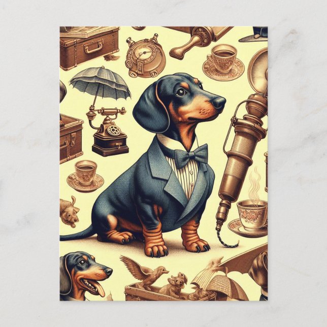 Postal Ilustracion Vintage Dachshund (Anverso)