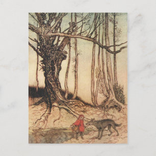 Postal Ilustración vintage de Caperucita Roja y el Lobo d