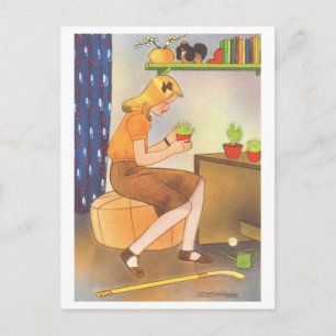 Postal Ilustracion vintage de Chica con planta potásica
