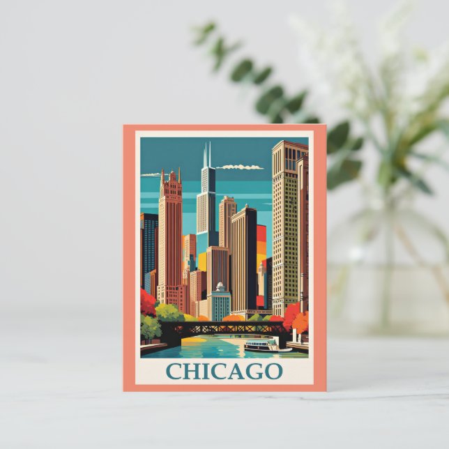 Postal Ilustracion Vintage de Chicago (Anverso de pie)