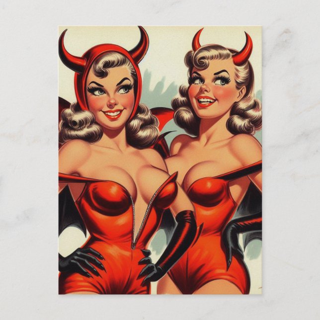 Postal Ilustración Vintage de Chicas Diablas (Anverso)