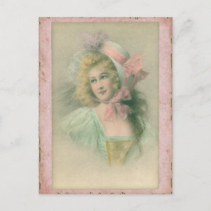 Postal Ilustración vintage de dama eduardiana en rosa de