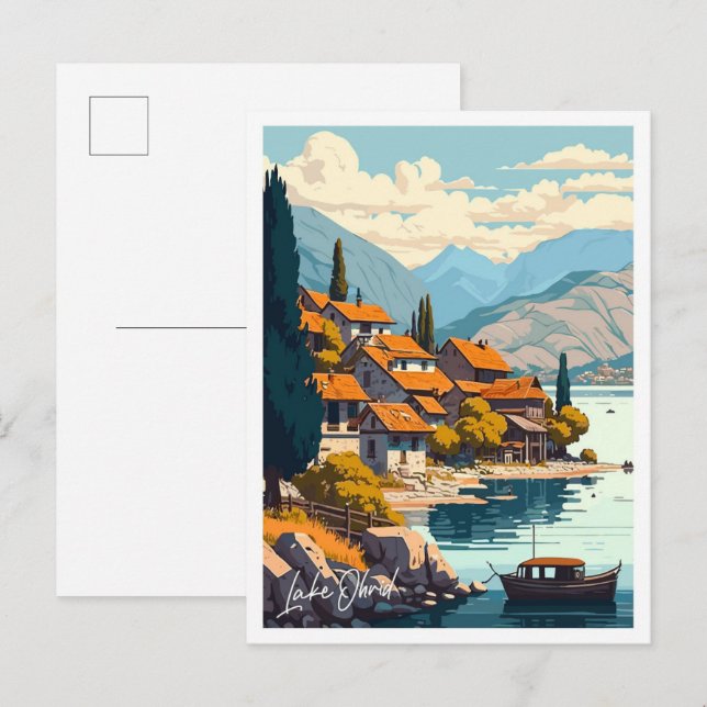 Postal Ilustracion Vintage de Lake Ohrid (Anverso / Reverso)