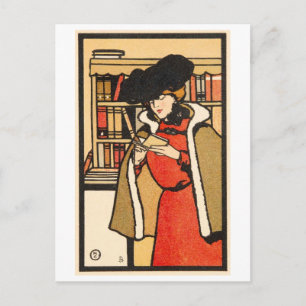 Postal Ilustración Vintage de Mujer Leyendo un Libro