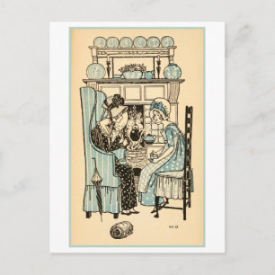 Postal Ilustración Vintage de Niñas en una Fiesta de Té