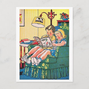 Postal Ilustración Vintage de Niños Leyendo